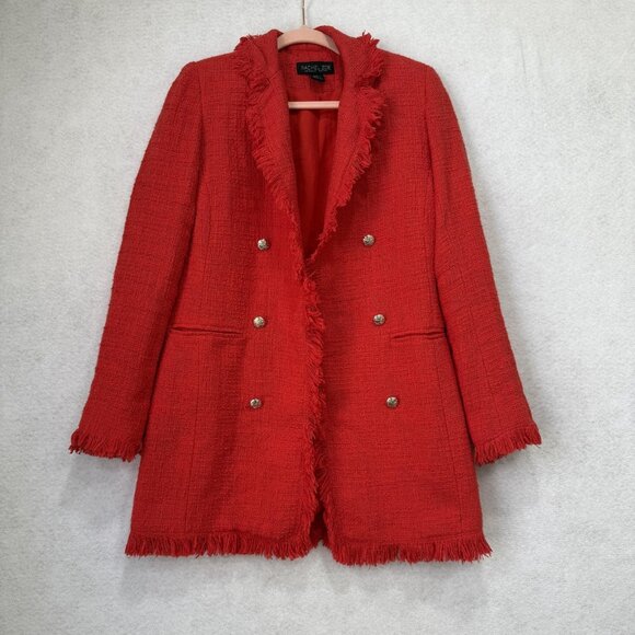 Rachel Zoe Blazer Womens XS Red Tweed Fringe Double Breasted Gold Buttons Jacket - Picture 1 of 10